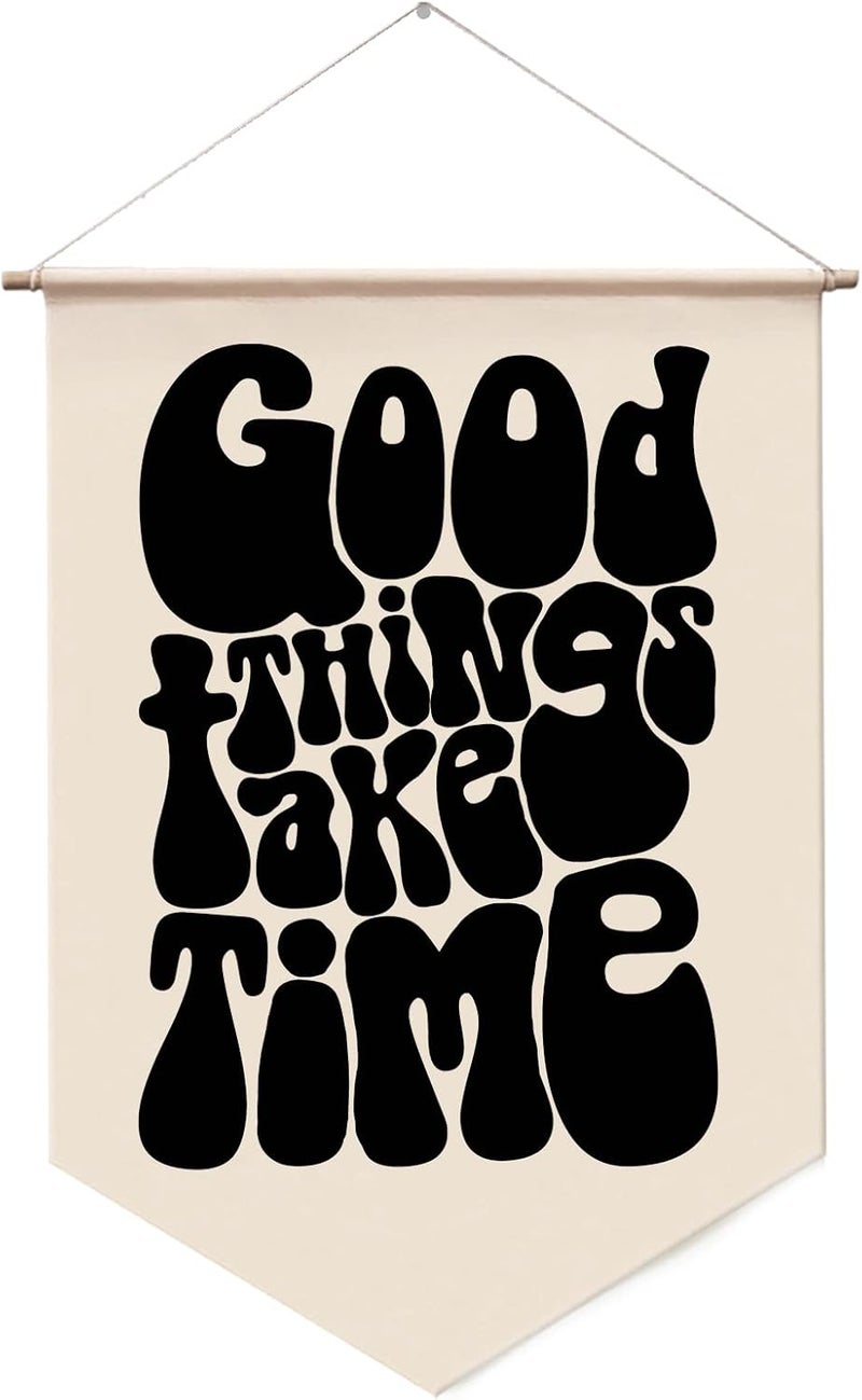 WCDHOR Good Things Take Time Wall Hanging Banner Positive Affirmations Wall Decor Housewarming Gift 70s Retro Vintage Wall Art Mindfulness Wall Art Inspirational Hanging Banner - Image 1